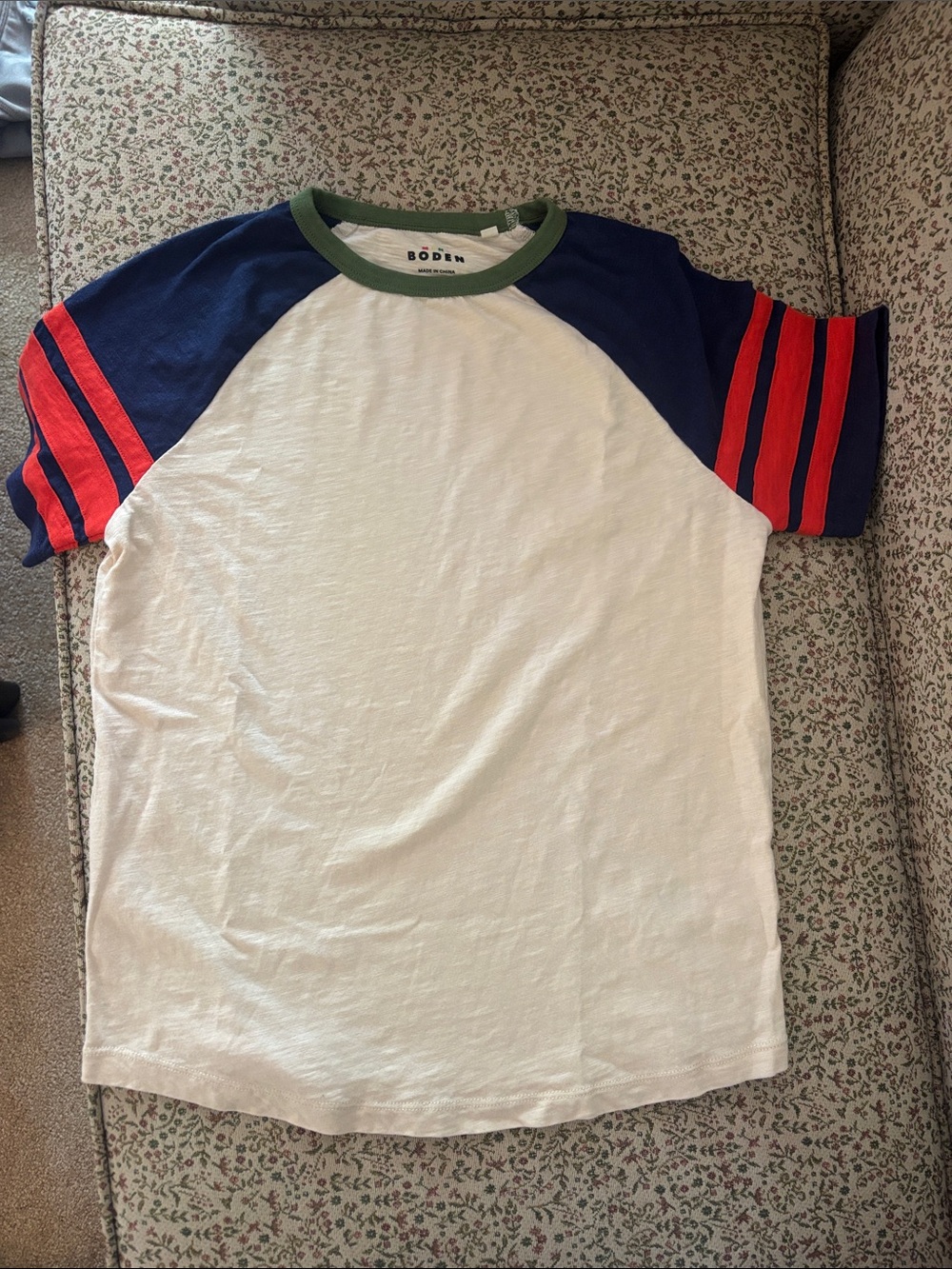 Mini Boden boys Raglan Tee with Navy Sleeves and Red Stripe Accents